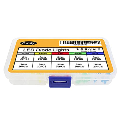 200Pcs 3mm & 5mm Led Light Emitting Diodes Assortment Kit, Mini/Tiny/Small Individual Led Single Light, Clear/White Red Green Blue Yellow Assorted Led Diode Bulbs Set for Arduino, Breadboard, etc