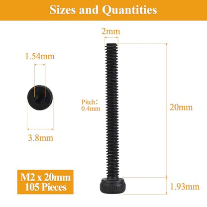 105 Pieces M2 x 20mm Socket Head Cap Screws, Thread Pitch 0.4mm, Sutemribor M2 Black Screws, 12.9 Grade Alloy Steel, Black Oxide Finish, Fully Threaded - size: M2 x 20mm, style: Socket Head