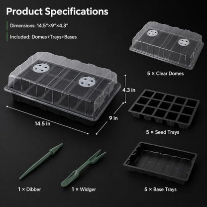 Gardzen 5 Pack Seed Starter Trays with Vented Domes 75 Cell Black - size: 15-Cell Black 5-Pack