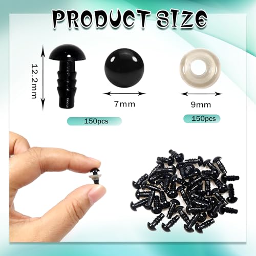 TOAOB 150pcs 7mm Safety Eyes for Amigurumis Craft Crochet Eyes with 150pcs Washers Black Doll Eyes for Crocheting Stuffed Animals Doll Making - size: 7mm