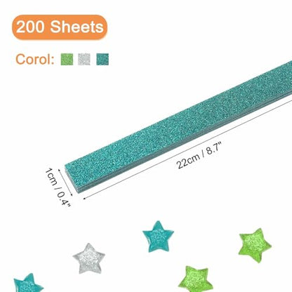 MECCANIXITY 200 Sheets Origami Paper Glitter Stars Papers Light Green,Green,Silver Fold Paper for Beginner Arts Crafts Projects,0.4 x 8.7 Inch - color: Light Green,Green,Silver