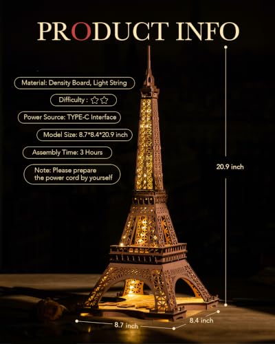Rowood Eiffel Tower,3D Puzzle Model Kits for Adults,DIY 3D Wooden Puzzles for Adults,Builing Set with LED,Home Decoration Festival Gift Idea