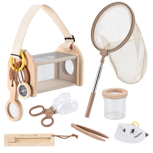 Wooden Bug Catching Kit for Kids - 10 PCS Outdoor Exploration Set with Bug Habitat, Magnifying Glass, Bug Container &Other Adventure Kit —STEM Educational Toy for Boys & Girls Ages 4-8