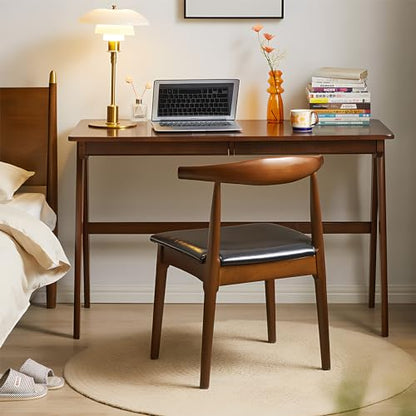 Computer Desk with Drawers, Solid Wood Writing Desk, Mid Century Modern Home Office Desks, Oak Study Table, Small Desk for Bedroom, 29.1 H x 39.4 W x 21.7 D Inches, Walnut - color: Walnut