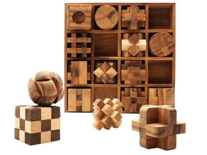 BSIRI 16 in 1 Wooden Brain Teaser Puzzles for Adults and Seniors Interlocking 3D Mini Wood Mind Games Hand Puzzle Teasers Set Toys Coffee Table Games Gift - style: 16 Puzzle Set