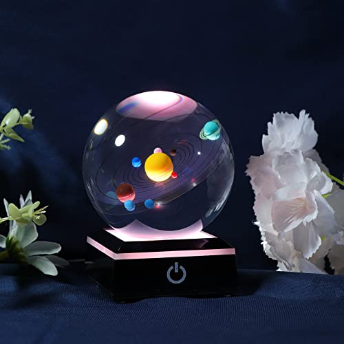 Qianwei 3D Solar System Model Crystal Ball Astronomy Gifts Men Space Decor - style: Colorful Solar System+LED BASE