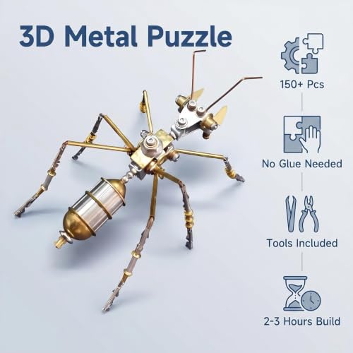 3D Steampunk Mechanical Insect Ant Puzzle Kit - DIY Metal Assembly Model for Adults 160+ Pcs 3-Star Difficulty STEM Craft Unique Desktop Decor Gift for Men Hobbyists (Ant B) - style: Ant B