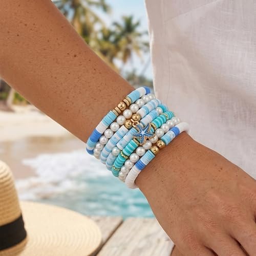 Ocean Theme Clay Beads Kit for Bracelet Making, 3000Pcs Blue White Polymer Heishi Beads Set with Starfish Shell Charms Pearls, DIY Jewelry Making Kit for Summer Beach Crafts - color: style 03