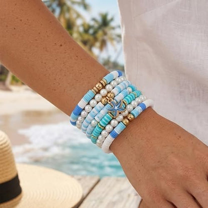 Ocean Theme Clay Beads Kit for Bracelet Making, 3000Pcs Blue White Polymer Heishi Beads Set with Starfish Shell Charms Pearls, DIY Jewelry Making Kit for Summer Beach Crafts - color: style 03