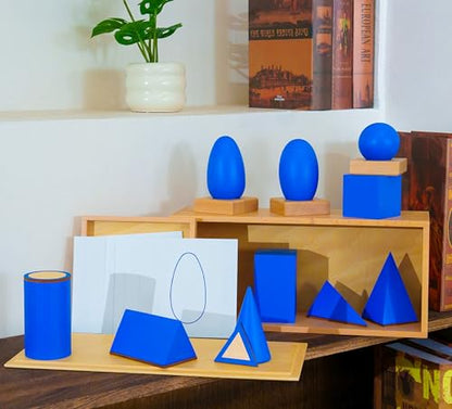 Premium Montessori Geometric Solids with Matching Cards, Solid Beechwood 3D Shapes, Plane Figures, Stands & Cards, Sensorial Geometry Materials for Spatial Awareness, Homeschool Classroom Kids 3-9