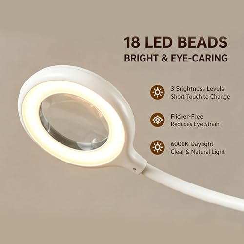 Neck Wear Magnifying Glass with Light, Hands Free Flexible Gooseneck Magnifier LED Lamps for Craft Hobby, Painting, Reading, Sewing, Close Work (White)