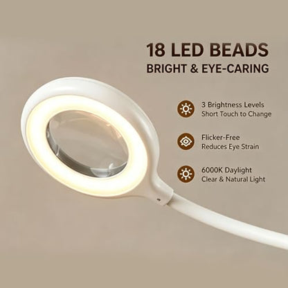 Neck Wear Magnifying Glass with Light, Hands Free Flexible Gooseneck Magnifier LED Lamps for Craft Hobby, Painting, Reading, Sewing, Close Work (White)