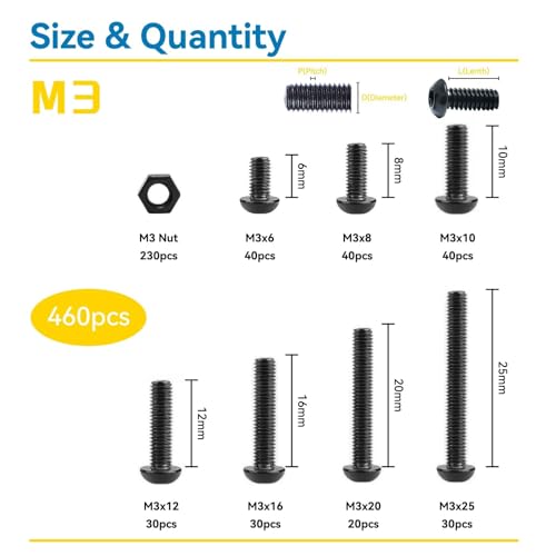 460Pcs M3*6/8/10/12/16/20/25mm, Button Head Socket Cap M3 Screws Bolts and Nuts Assortment Kit with 1 Hex Wrench, Black Zinc Plated, 8.8 Grade Alloy Steel - size: M3 460Pcs 6mm-25mm