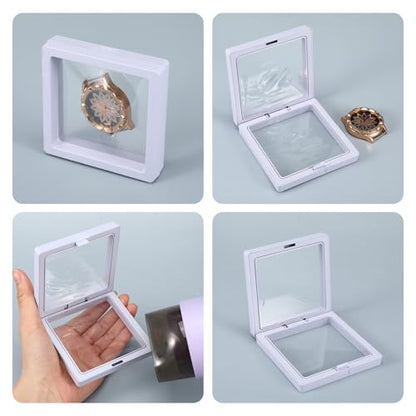 60 Pcs 3D Floating Display Case, 3.5 x 3.5 x 0.8 Inch Clear Coin Frame Holder Stands for Antique Challenge Coins, Jewelry, Shells, Gems, Minerals, Rocks, Specimens, Pins, Medals (Black & White)