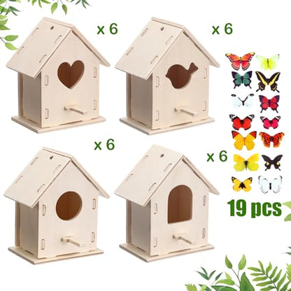 Outus 24 Pcs Wooden Birdhouse Kits for Kids, 4 Shapes Unfinished, Lovely - style: Lovely