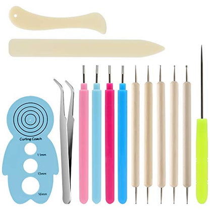 KITANIS 14Pcs Paper Quilling Tool and Supplies, Include 5Pcs Double Head Indentation Pens, 4Pcs Slotted Pens, 2Pcs Bone Folder Tools, Awl, Tweezer and Curling Coach for Card Making, Bookbinding - color: 14P bule