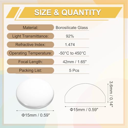 PATIKIL 5 Pack Convex Lens, 15mm OD 42mm Focal Length Optical Lenses - size: 15mm OD x 3.6mm H x 42mm Focal L