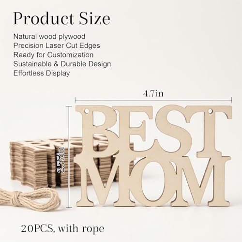 MAQIHAN Mothers Day Crafts Wooden Ornaments 20 Pcs - Best MOM Wood Cutouts - size: BEST MOM