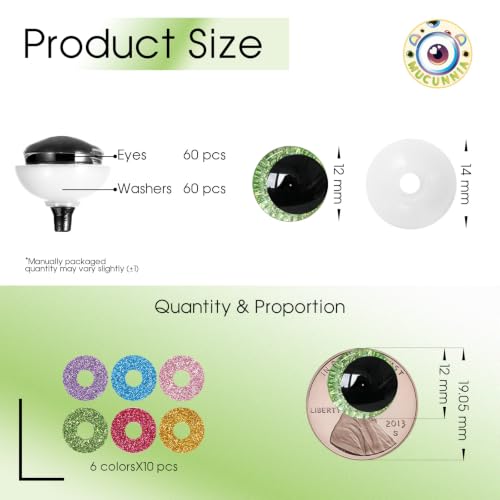 MUCUNNIA 120pcs 12mm 3D Sparkle Moon Safety Eyes for Amigurumi with Washers - size: 12mm