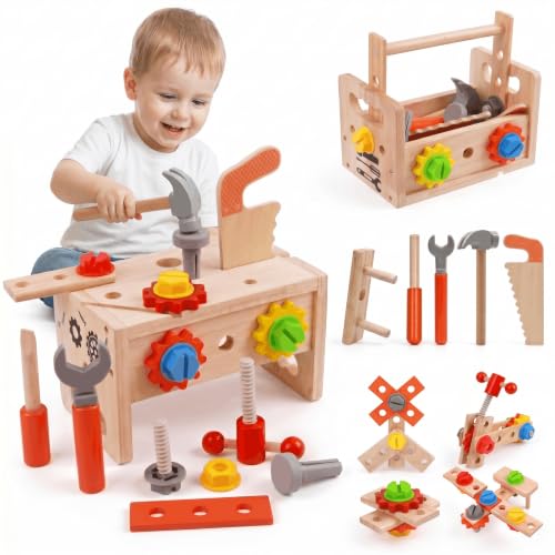Kids Tool Set, 29 PCS Wooden Toddler Tool Box Workbench, Montessori STEM Educational Construction Pretend Play Toy, Birthday Gift for Ages 3-6 Year Old Boys Girls