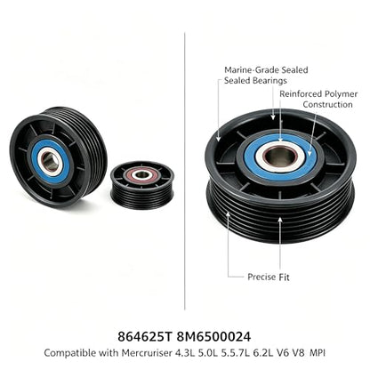 Serpentine Belt Idler Pulley Set 864625T 8M6500024 865598 Compatible with Mercruiser 4.3L 5.0L 5.7L 6.2L V6 V8 MPI Marine Engines 2 Pack
