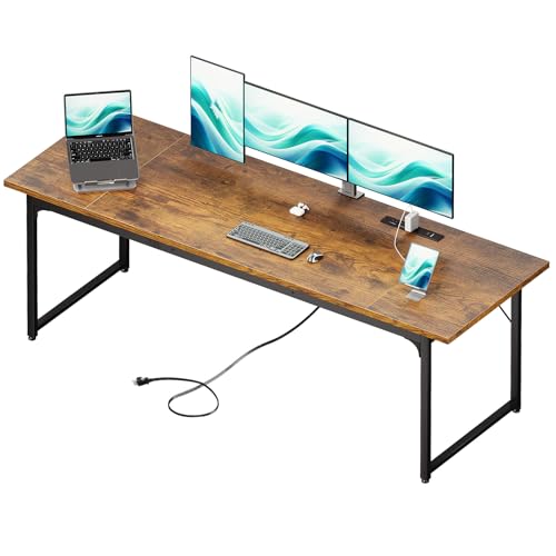 Coleshome 79 Inch Computer Desk with Power Outlet - color: Rustic Brown, size: 79 Inches