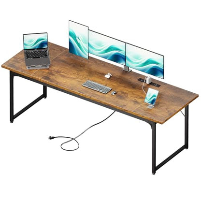Coleshome 79 Inch Computer Desk with Power Outlet - color: Rustic Brown, size: 79 Inches