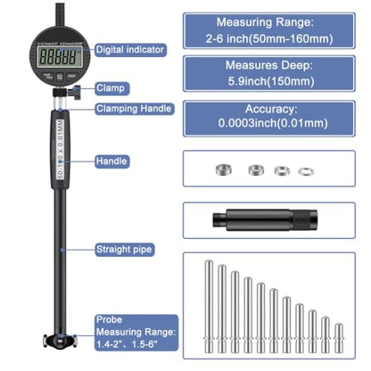 HDLNKAK Digital Dial Indicator Bore Gauges Set (2"-6"/0.0005")- Black - color: Brown