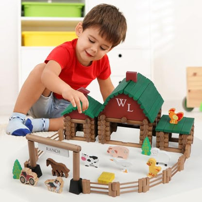 Wondertoys 164 Pcs Wooden Log Set Ranch Real Wood Logs Classic Building Log Ages 3+ Best Retro Farm Building Gift Set Creative Construction Engineering Educational Gifts - style: 164PCS Ranch