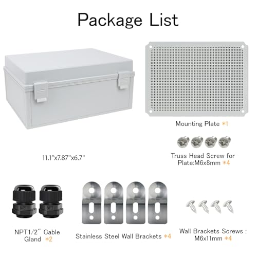 Junction Box IP65 Waterproof Electrical Box Outdoor ABS Plastic Project Box Hinged Shell Universal Enclosure Box with Mounting Plate, Wall Brackets, Cable Glands 15.7" x 11.8" x 7.1" - color: Grey, size: 15.7" x 11.8" x 7.1"