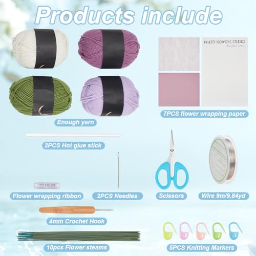INFUNLY 10 pcs Tulip Crochet Kits for Beginners Complete Flower Crochet Kits for Adults Starters with Instruction and Video Tutorials Crochet Kit Gift for Mother's Day Wedding Birthday - style: Purple Tulips
