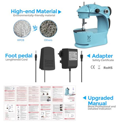 Sewing Machine for Beginners with Fabrics&Finger Guard, Mini Size - color: Blue & Black