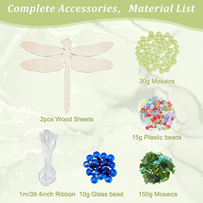 WEBEEDY Make 2 Dragonfly Glass Mosaic Kit DIY Craft Glass Kit for Adults Include Mosaic Tiles, Wooden Chips, Ribbon for Christmas Holiday Unique Decor Gift