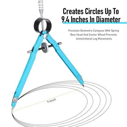 EBOOT Math Geometry Set Metal Compass 6" Clear Protractor, Blue and Blue - color: Blue and Blue
