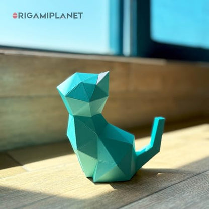 3D Origami Paper Craft Kit, Moonlit Kitten Cute DIY Pre-Cut Animal Papercraft Model for Beginners, Fun Handmade Home Decoration Gift for Adults & Teens-Green