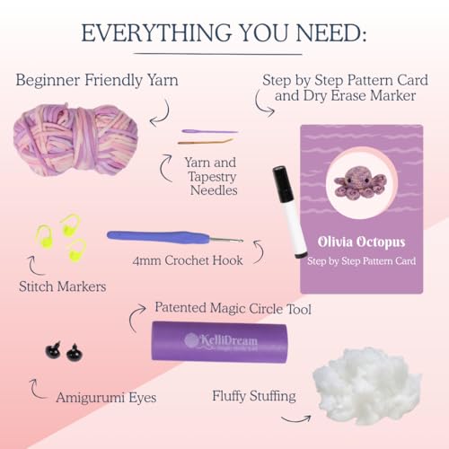 KelliDream Magic Circle Tool Inclusive Learn to Crochet Kit for Beginners; Step-by-Step Video Tutorials; All Supplies to Make Cute Amigurumi (Octopus) - color: Octopus