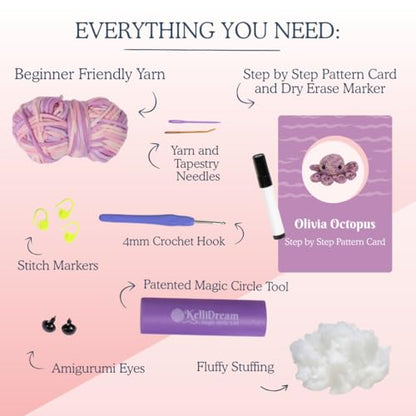 KelliDream Magic Circle Tool Inclusive Learn to Crochet Kit for Beginners; Step-by-Step Video Tutorials; All Supplies to Make Cute Amigurumi (Octopus) - color: Octopus