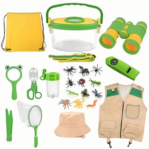 Kids Explorer Kit & Bug Catcher Kit, 23 Pcs Outdoor Adventure Set with Vest & Hat, Binoculars, 12 Insect Figures,Camping Hiking Toys Gift for Boys Girls Age 3-8
