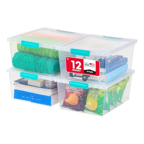 IRIS USA Storage Bins with Lids |Made in USA| 12 Qt - (4-Pack) - Clear - color: Clear/Seafoam Blue, size: 12 Qt. - 4 Pack