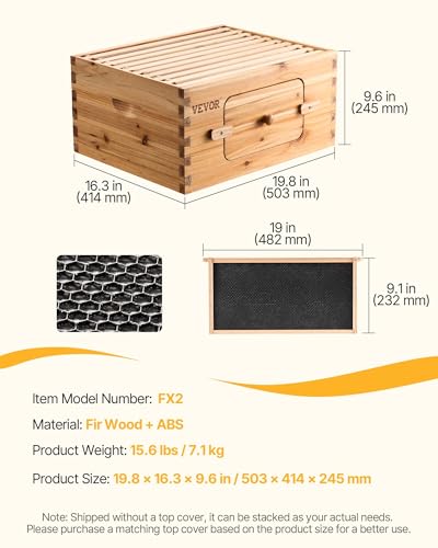VEVOR 10 Frame Deep Brood Bee Hive Box, Bee Box Dipped in 100% Beeswax, Langstroth Beehive Kit with 10 Frames and Foundations Sheets and Transparent Acrylic Windows for Beekeeping Supplement - size: Deep Brood Box