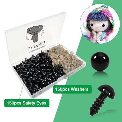 TOAOB 150pcs 8mm Black Plastic Safety Eyes Crafts Safety Eyes with 150pcs Washers for Stuffed Animals Amigurumis Crochet Doll Making - size: 8mm