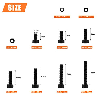 HELIFOUNER 560 Pieces M2.5 x 4mm /6mm /8mm /10mm /12mm /16mm /20mm, Hex Socket Head Cap Screws Bolts Washers Nuts Kit, 12.9 Grade Alloy Steel, Full Threaded, Black - size: M2.5, style: Socket Head