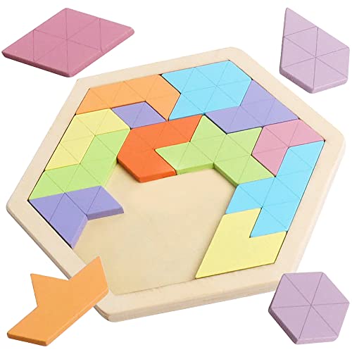 Wooden Hexagon Tangram Puzzle, STEM Educational Brain Teaser for All Ages - style: Puzzle 3- Pink