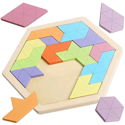 Wooden Hexagon Tangram Puzzle, STEM Educational Brain Teaser for All Ages - style: Puzzle 3- Pink