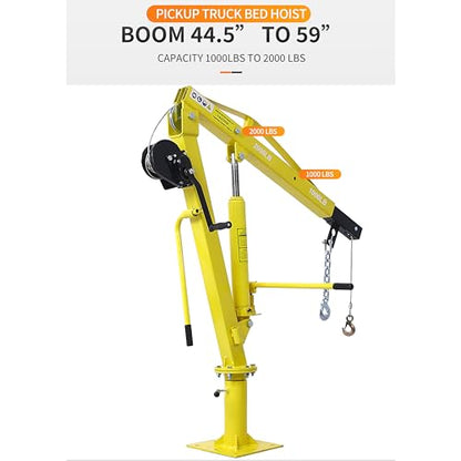 Truck Crane Truck Bed Hoist with Hand Winch Pickup Jib Crane 2000 lbs Capacity Hydraulic Extendable Boom 360° Pivot Yellow - color: Yellow