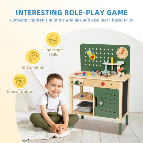 OOOK Kids Tool Bench，Wooden Toddler Workbench with Tools Set，Large Storage Wooden Tool Workbench for Kids Age 3-5，Pretend Play Construction Set Gift for Boys Girls