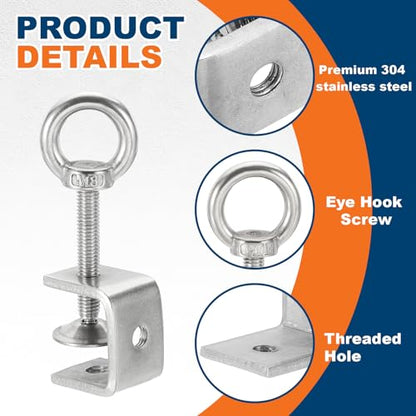 HARFINGTON 2 Pcs 304 Stainless Steel C Clamps 30mm Square Mini Tiger Clamp Adjustable Heavy Duty Metal U Clip with Eye Hook Screw for Woodworking Welding Mounting, Silver - size: 30mm