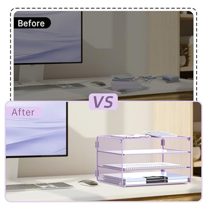 DALTACK 3 Tier Letter Tray Paper Organizer with Sliding Mesh Trays Purple - color: Purple