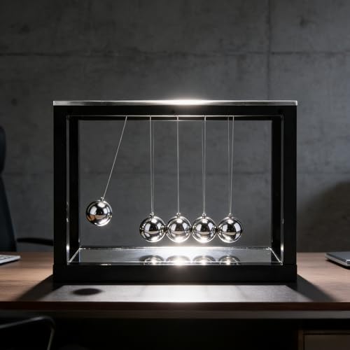 Newtons Cradle with 5 Stainless Steel Balls & Mirror Base - Classic Physics Pendulum Swing Balance Ball, Science Desk Decor for Office Home Decoration, Stress Relief Gift
