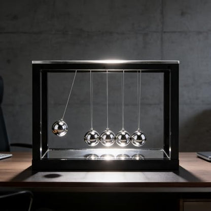 Newtons Cradle with 5 Stainless Steel Balls & Mirror Base - Classic Physics Pendulum Swing Balance Ball, Science Desk Decor for Office Home Decoration, Stress Relief Gift
